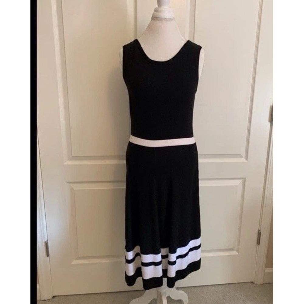 Talbots Midi Sweater Dress M Knit Sleeveless Black White Stripe Retro Preppy Mod